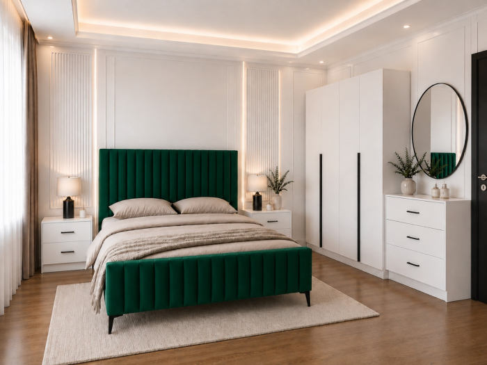 Dormitor Siena cu Dulap Clasic 160x200, Comodă, Pat și Noptiere - Detalii Negre [3]