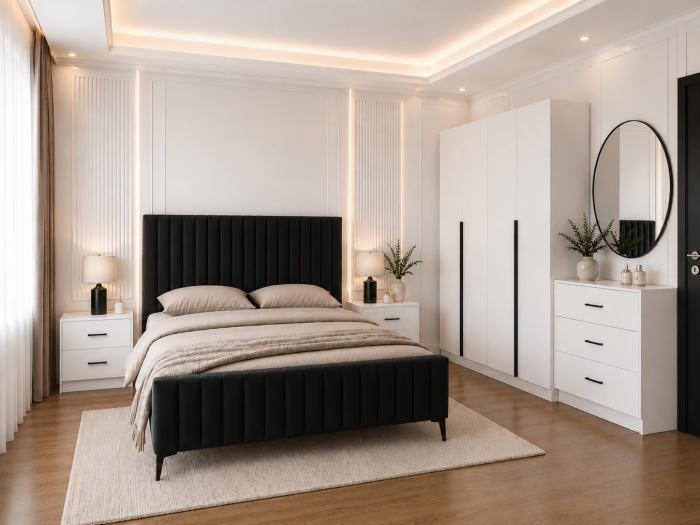 Dormitor Siena cu Dulap Clasic 160x200, Comodă, Pat și Noptiere - Detalii Negre [3]
