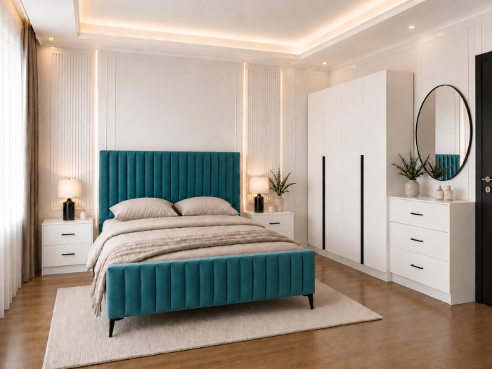 Dormitor Siena cu Dulap Clasic 160x200, Comodă, Pat și Noptiere - Detalii Negre [3]