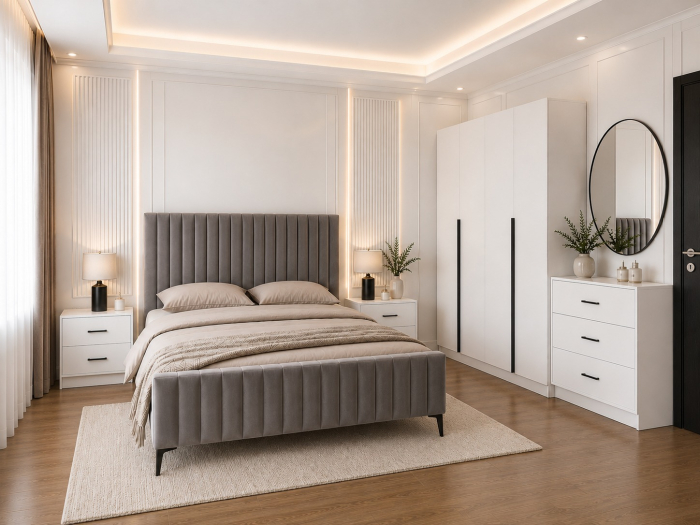 Dormitor Siena cu Dulap Clasic 160x200, Comodă, Pat și Noptiere - Detalii Negre [3]
