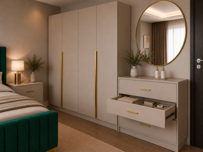 Dormitor Siena cu Dulap Clasic 160x200, Comodă, Pat și Noptiere  - Detalii Aurii [4]