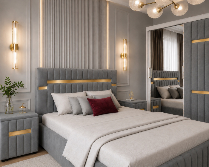 Dormitor Valencia Gold cu Dressing, Pat și Noptiere Tapițate [2]