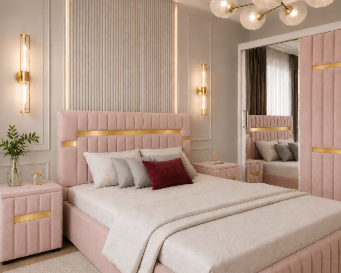 Dormitor Valencia Gold cu Dressing, Pat și Noptiere Tapițate [2]