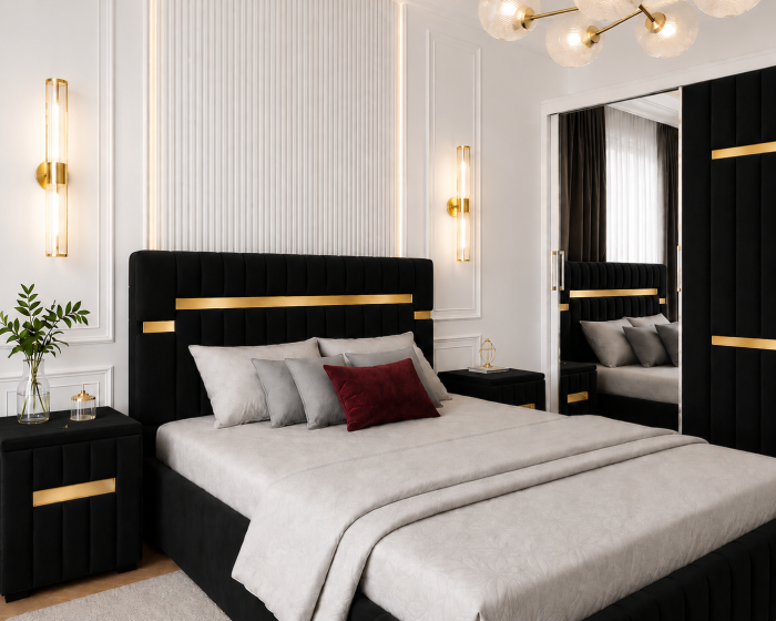 Dormitor Valencia Gold cu Dressing, Pat și Noptiere Tapițate [2]