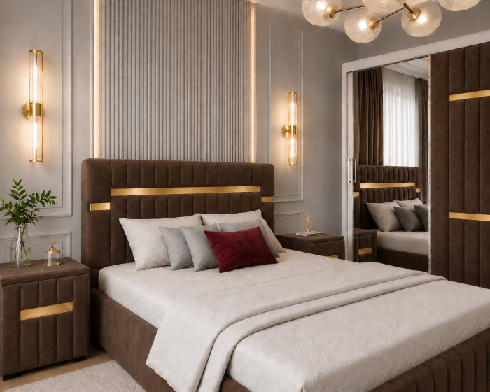 Dormitor Valencia Gold cu Dressing, Pat și Noptiere Tapițate [2]