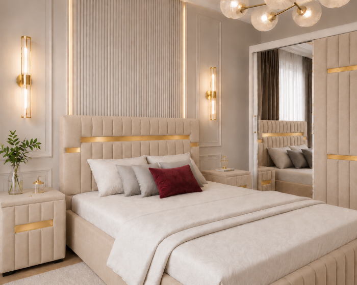 Dormitor Valencia Gold cu Dressing, Pat și Noptiere Tapițate [2]