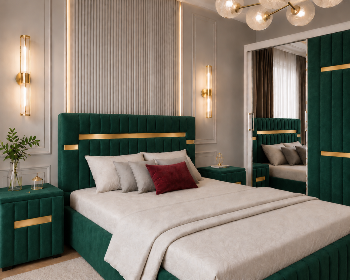 Dormitor Valencia Gold cu Dressing, Pat și Noptiere Tapițate [2]