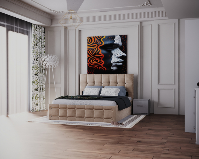 Dormitor Regal cu Pat Tapitat Stofa Bej cu dulap 250*200 usi glisante Alb, noptiere si comoda [3]
