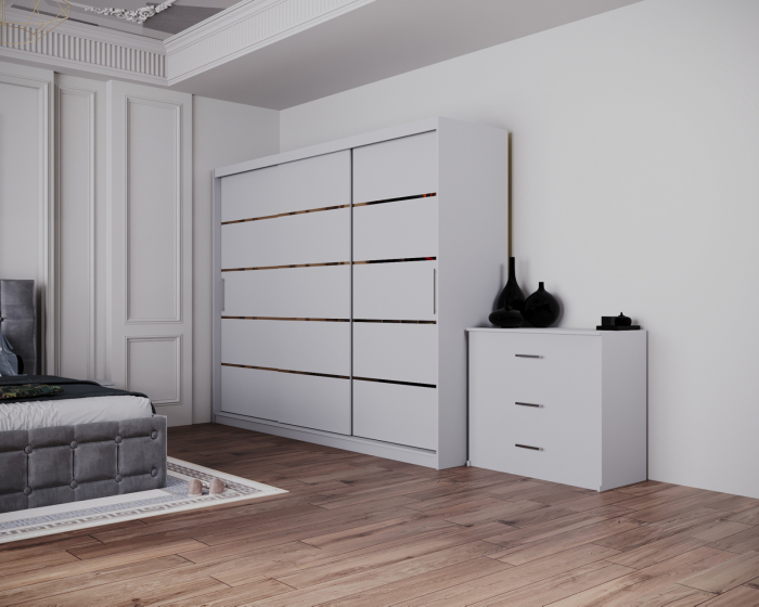 Dormitor Regal cu Pat Tapitat Stofa Gri cu dulap 250*200 usi glisante Alb , noptiere si comoda [2]