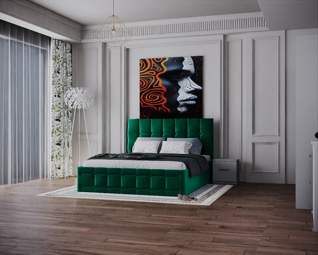 Dormitor Regal cu Pat Tapitat Stofa Verde cu dulap 200*200 usi glisante Alb&Antracit cu Oglinda, noptiere si comoda [4]