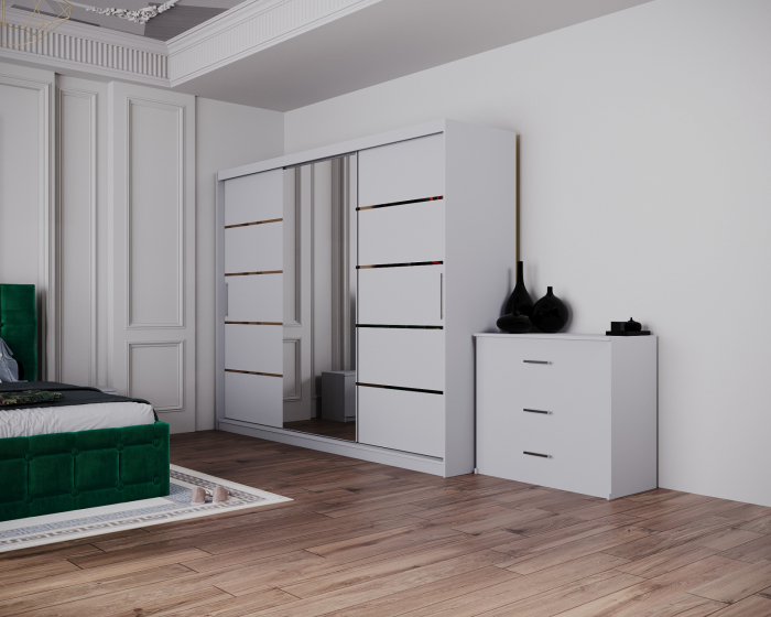 Dormitor Regal cu Pat Tapitat Stofa Verde cu dulap 250*200 usi glisante Alb cu Oglinda, noptiere si comoda [2]