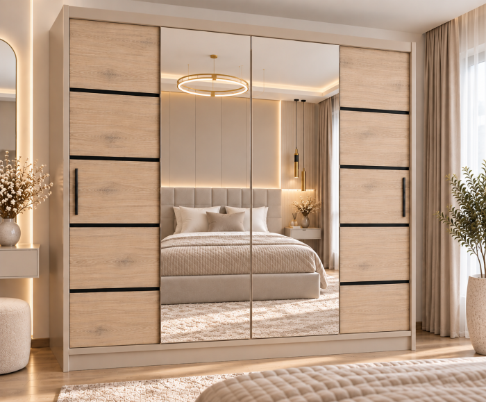 Dressing Viena Cașmir+Sonoma cu uși glisante Detalii Negre 180x200 [2]
