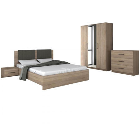 Dormitor Nordic cu Dressing 150x200, Pat Tapițat, Noptiere și Comodă [1]