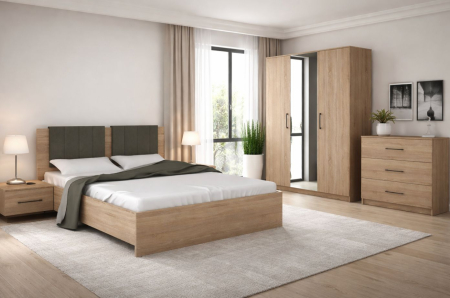 MOBILIER COMPLET DORMITOR - Dormitor Nordic cu Dressing 150x200, Pat Tapițat, Noptiere și Comodă