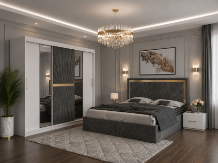 MOBILIER COMPLET DORMITOR - Dormitor Solis Cu Dressing 250x200, Pat Tapițat și Noptiere