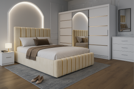 Dormitor LUX cu Pat Tapitat Stofa Bej cu dulap 250*200 usi glisante Alb cu Oglinda, noptiere si comoda MOBILIER COMPLET DORMITOR - Dormitor LUX cu Pat Tapitat Stofa Bej cu dulap 250*200 usi glisante Alb cu Oglinda, noptiere si comoda