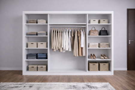 Dormitor Cairo NEW cu dressing 250x200 uși glisante Alb cu Oglinda, noptiere și comodă [2]