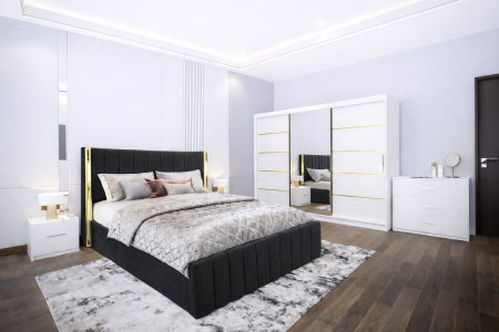 Dormitor Cairo NEW cu dressing 250x200 uși glisante Alb cu Oglinda, noptiere și comodă