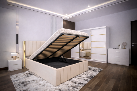 Dormitor Cairo NEW cu dressing 250x200 uși glisante Alb cu Oglinda, noptiere și comodă [1]