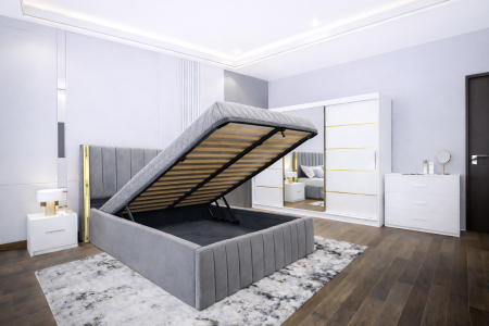 Dormitor Cairo NEW cu dressing 250x200 uși glisante Alb cu Oglinda, noptiere și comodă [1]