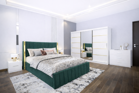 Dormitor Cairo NEW cu dressing 250x200 uși glisante Alb cu Oglinda, noptiere și comodă