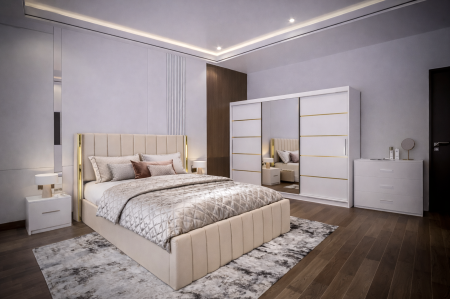 Dormitor Cairo NEW cu dressing 250x200 uși glisante Alb cu Oglinda, noptiere și comodă