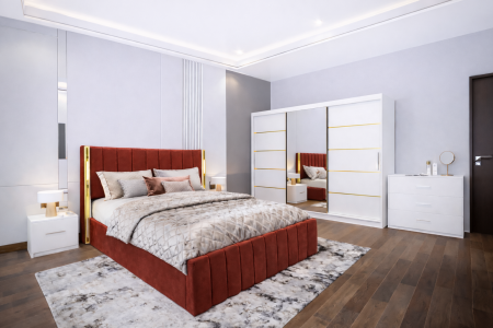Dormitor Cairo NEW cu dressing 250x200 uși glisante Alb cu Oglinda, noptiere și comodă
