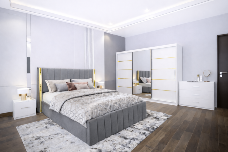 MOBILIER COMPLET DORMITOR - Dormitor Cairo NEW cu dressing 250x200 uși glisante Alb cu Oglinda, noptiere și comodă