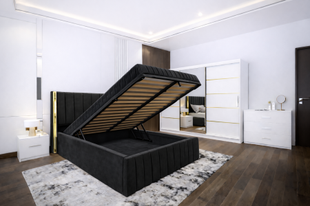 Dormitor Cairo NEW cu dressing 250x200 uși glisante Alb cu Oglinda, noptiere și comodă [1]