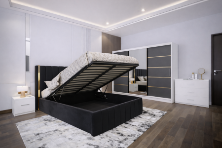 Dormitor Cairo NEW cu dressing 250x200 uși glisante Alb+Gri Antracit cu Oglinda, noptiere și comodă [1]