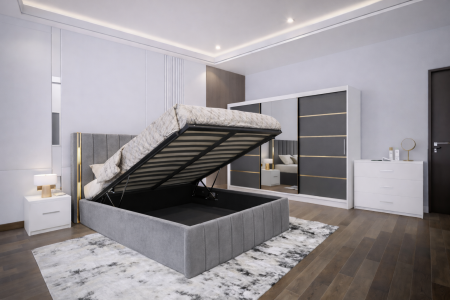 Dormitor Cairo NEW cu dressing 250x200 uși glisante Alb+Gri Antracit cu Oglinda, noptiere și comodă [1]