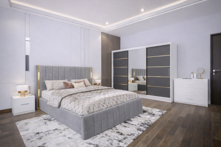 Dormitor Cairo NEW cu dressing 250x200 uși glisante Alb+Gri Antracit cu Oglinda, noptiere și comodă