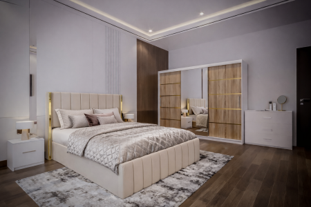 MOBILIER COMPLET DORMITOR - Dormitor Cairo NEW cu dressing 250x200 uși glisante Sonoma cu Oglinda, noptiere și comodă