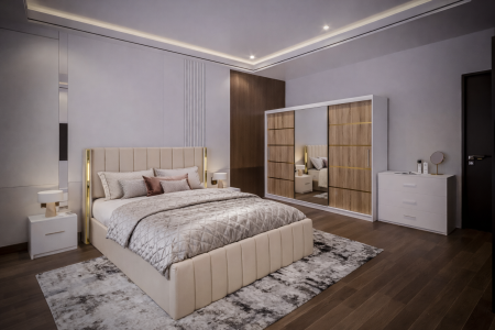 Dormitor Cairo NEW cu dressing 250x200 uși glisante Sonoma cu Oglinda, noptiere și comodă [1]