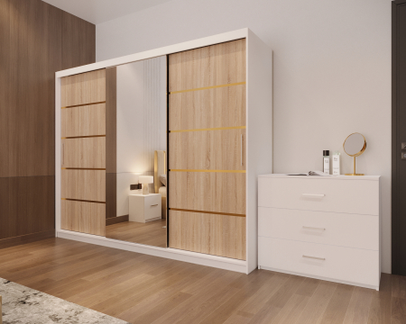 Dormitor Cairo NEW cu dressing 250x200 uși glisante Sonoma cu Oglinda, noptiere și comodă [4]