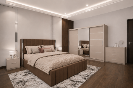 Dormitor Cairo New cu Dressing Casmir 250x200, Comodă, Pat și Noptiere Tapițate