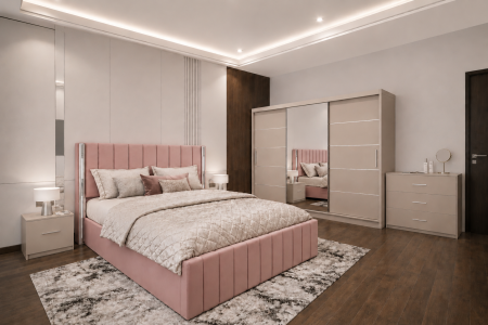 Dormitor Cairo New cu Dressing Casmir 250x200, Comodă, Pat și Noptiere Tapițate
