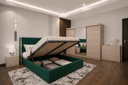 Dormitor Cairo New cu Dressing Casmir 250x200, Comodă, Pat și Noptiere Tapițate [3]