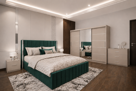 Dormitor Cairo New cu Dressing Casmir 250x200, Comodă, Pat și Noptiere Tapițate