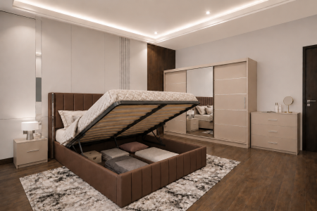 Dormitor Cairo New cu Dressing Casmir 250x200, Comodă, Pat și Noptiere Tapițate [2]