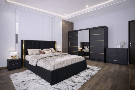 MOBILIER COMPLET DORMITOR - Dormitor Cairo NEW Gri Antracit cu dressing 250x200 uși glisante cu Oglindă, noptiere și comodă