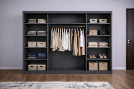 Dormitor Cairo NEW Gri Antracit cu dressing 250x200 uși glisante cu Oglindă, noptiere și comodă [3]