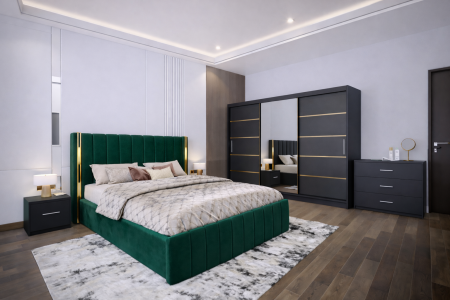 Dormitor Cairo NEW Gri Antracit cu dressing 250x200 uși glisante cu Oglindă, noptiere și comodă
