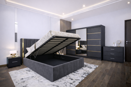 Dormitor Cairo NEW Gri Antracit cu dressing 250x200 uși glisante cu Oglindă, noptiere și comodă [1]