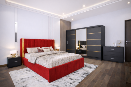 Dormitor Cairo NEW Gri Antracit cu dressing 250x200 uși glisante cu Oglindă, noptiere și comodă