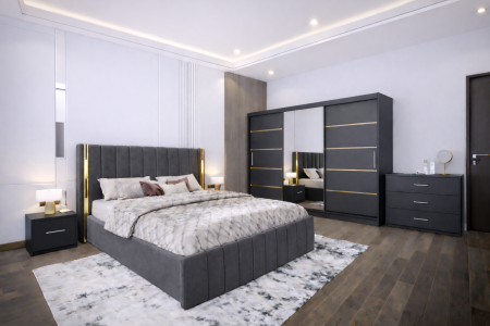 Dormitor Cairo NEW Gri Antracit cu dressing 250x200 uși glisante cu Oglindă, noptiere și comodă