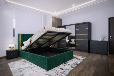 Dormitor Cairo NEW Gri Antracit cu dressing 250x200 uși glisante cu Oglindă, noptiere și comodă [1]