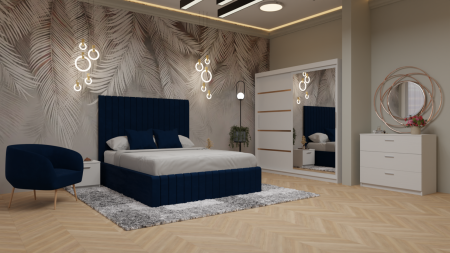 Dormitor Cairo Pat Tapitat Dressing 200x200 Alb Cu Oglinda [1]