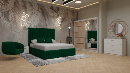 Dormitor Cairo Pat Tapitat Dressing 200x200 Alb&Sonoma cu Oglinda