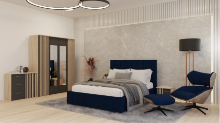 Dormitor Dallas Cu Pat Nobless Tapițat Albastru MOBILIER COMPLET DORMITOR - Dormitor Dallas Cu Pat Nobless Tapițat Albastru